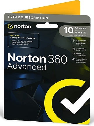 Norton 360 Advanced (10 Devices, 1 Year) - NortonLifeLock Key - UNITED KINGDOM